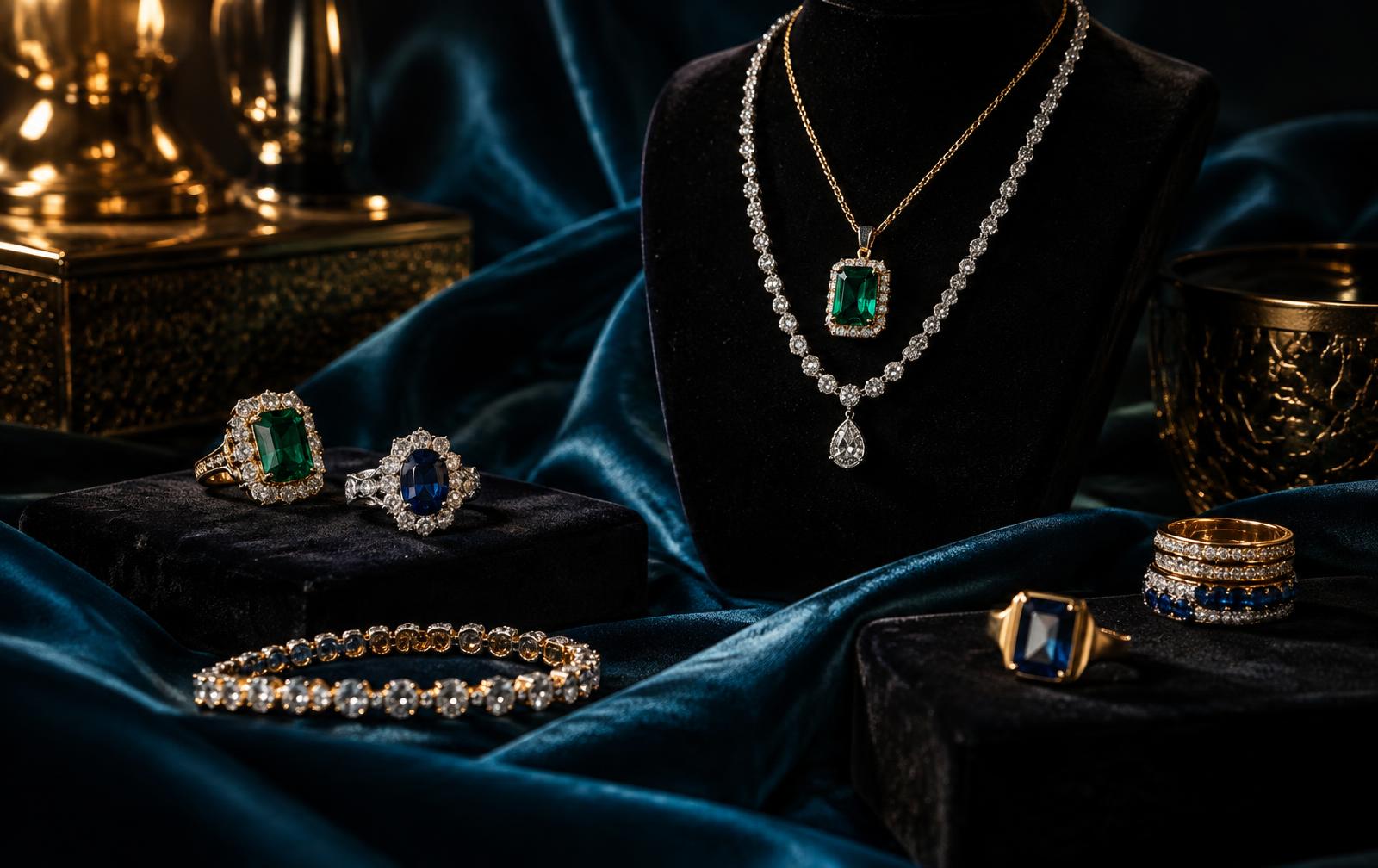 Gold and gemstone jewelry on dark velvet